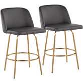 Toriano 26" Swivel Counter Stool in Grey Leatherette & Gold with Round Footrest (Set of 2)